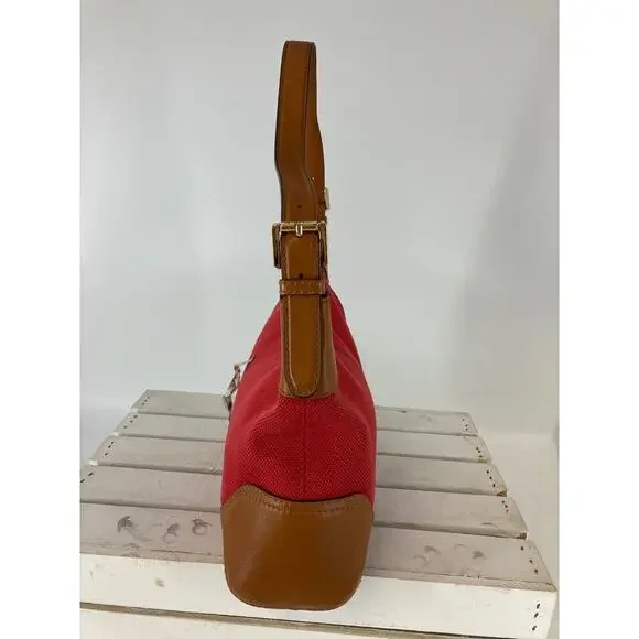 MICHAEL KORS, LARGE RED CANVAS, BROWN LEATHER SHOULDER BAG - Picture 3 of 16